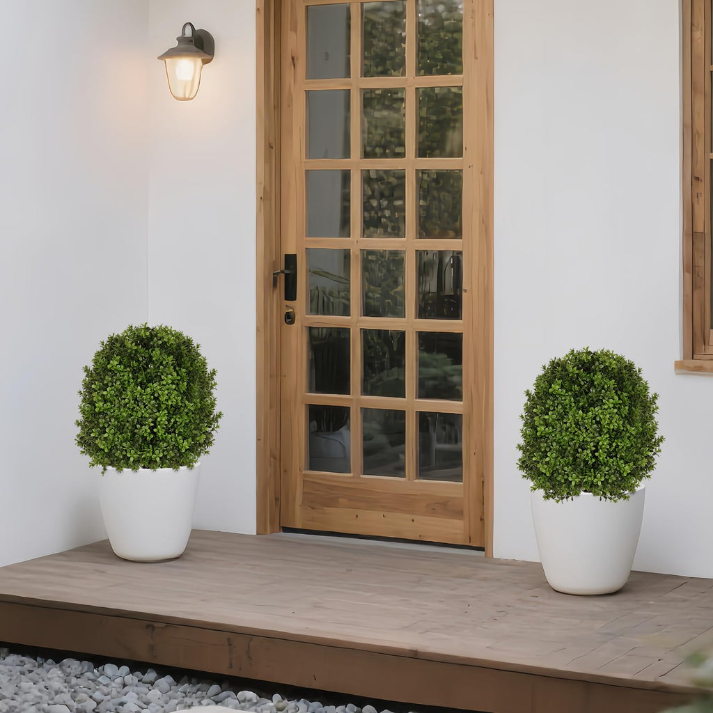 Artificial Boxwood Topiary Trees for Outdoor with LED String Lights, 2 Pack