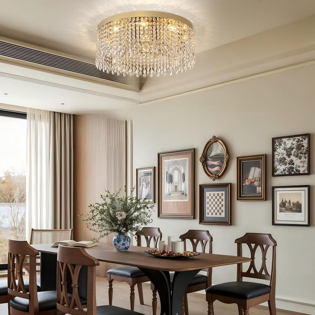 Modern Crystal Chandelier 24 inch Large Gold Chandeliers Ceiling Light Round Raindrop Chandeliers Flush Mount