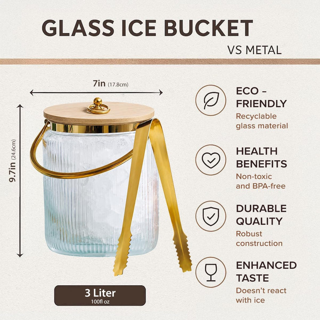 Glass Ice Bucket with Airtight Lid, Tong Scooper and Handle - 3L Ribbed Beverage Tub Cocktail Home Bar Accessories