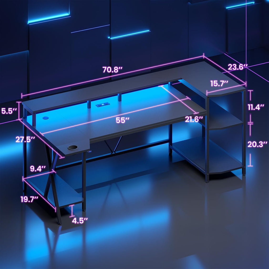 Gaming Desk 70.8'' with LED Lights, Storage Shelves,Power Outlets | Computer Desk with Monitor Stand and Cup Holder