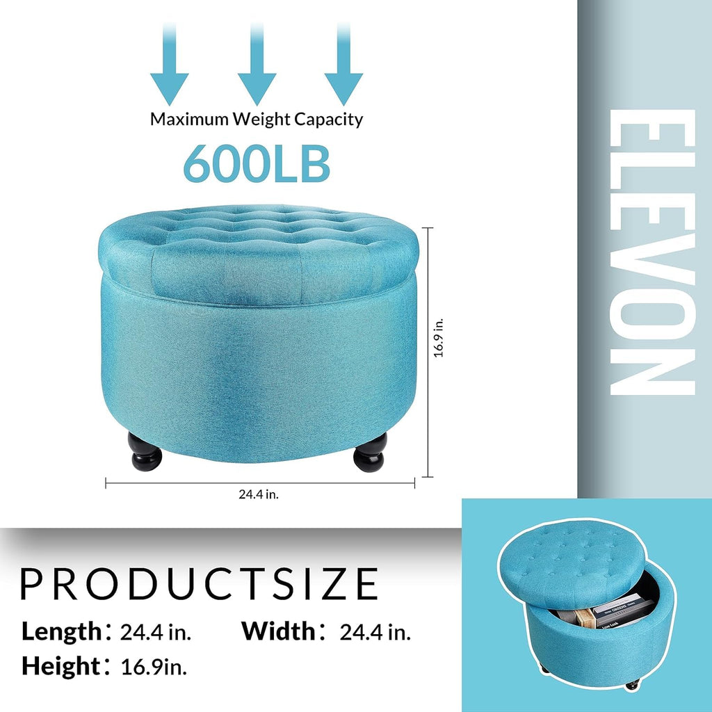 Large Button Tufted Accent Round Storage Ottoman Upholstered Ottoman with Storage, 24.4" x 24.4" x 16.9", Blue