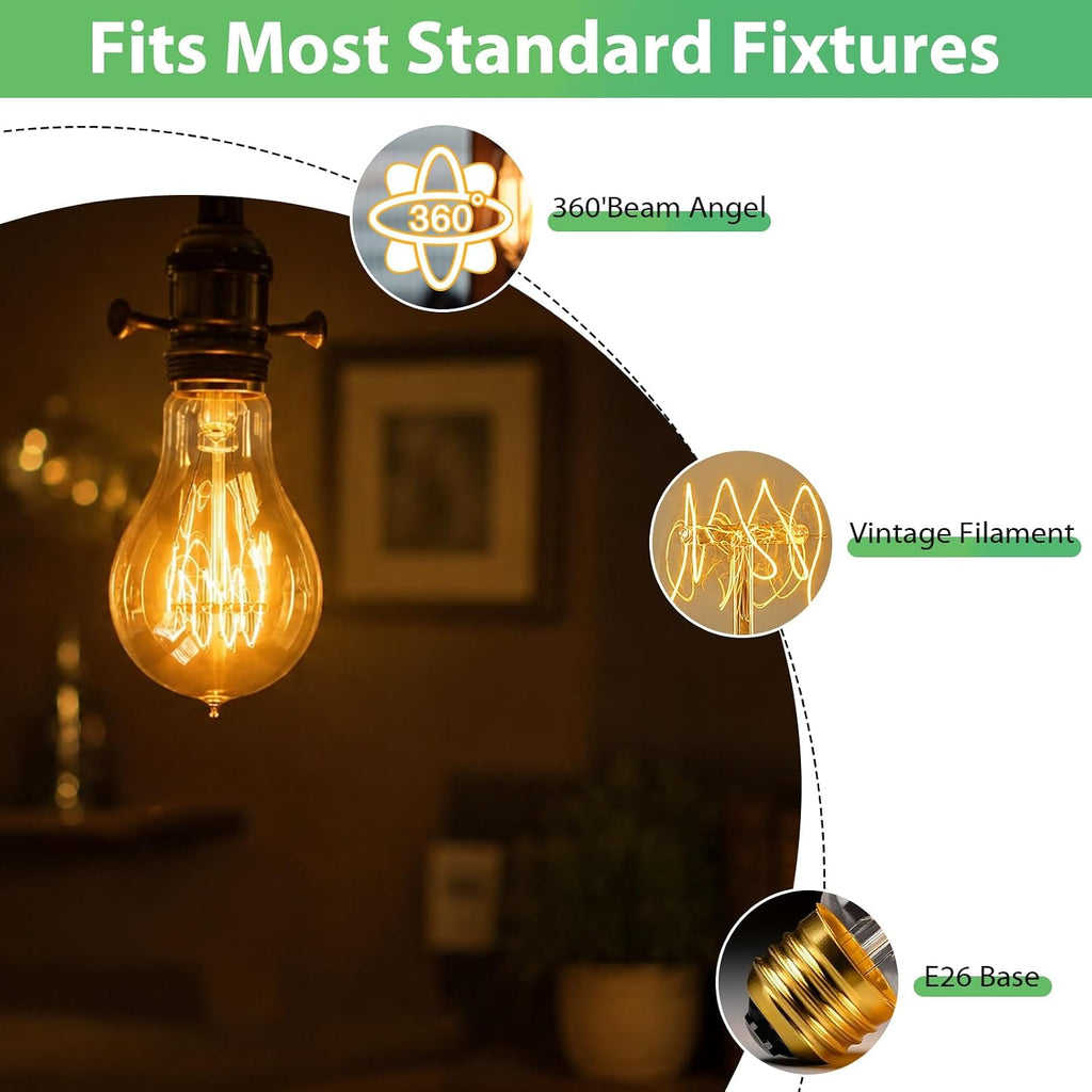 A19 60W Incandescent Light Bulbs, E26 Dimmable 2200K Amber, Vintage Edison Warm Glow, CRI 100, 230 Lumens