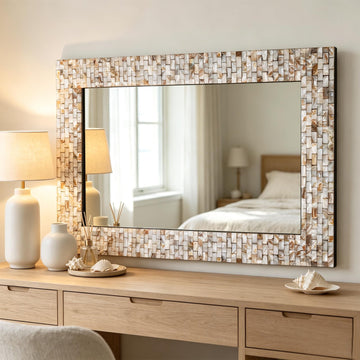 36" x 24" Large Bathroom Mirror Above Sink, Modern Coastal Mirror with Natural Capiz Seashell Frame