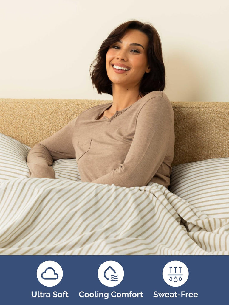 Extra Deep Queen Sheet Set - 4 Piece Breathable & Cooling - Beige Stripes