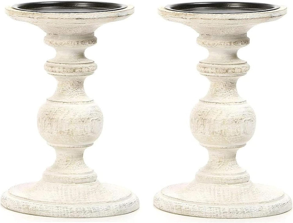 Set of 2 Antique White Wooden Pillar Candle Holders - 7 Inch Rustic Farmhouse Candlestick Stand, Distressed Candle