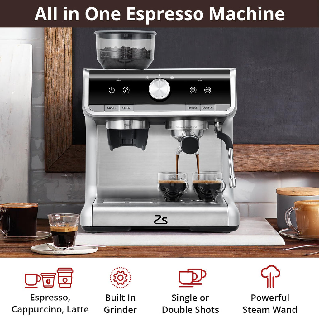 Espresso Machine With Grinder, 20 Bar Professional Coffee Maker With Milk Frother Steam Wand for Cappuccino, Latte