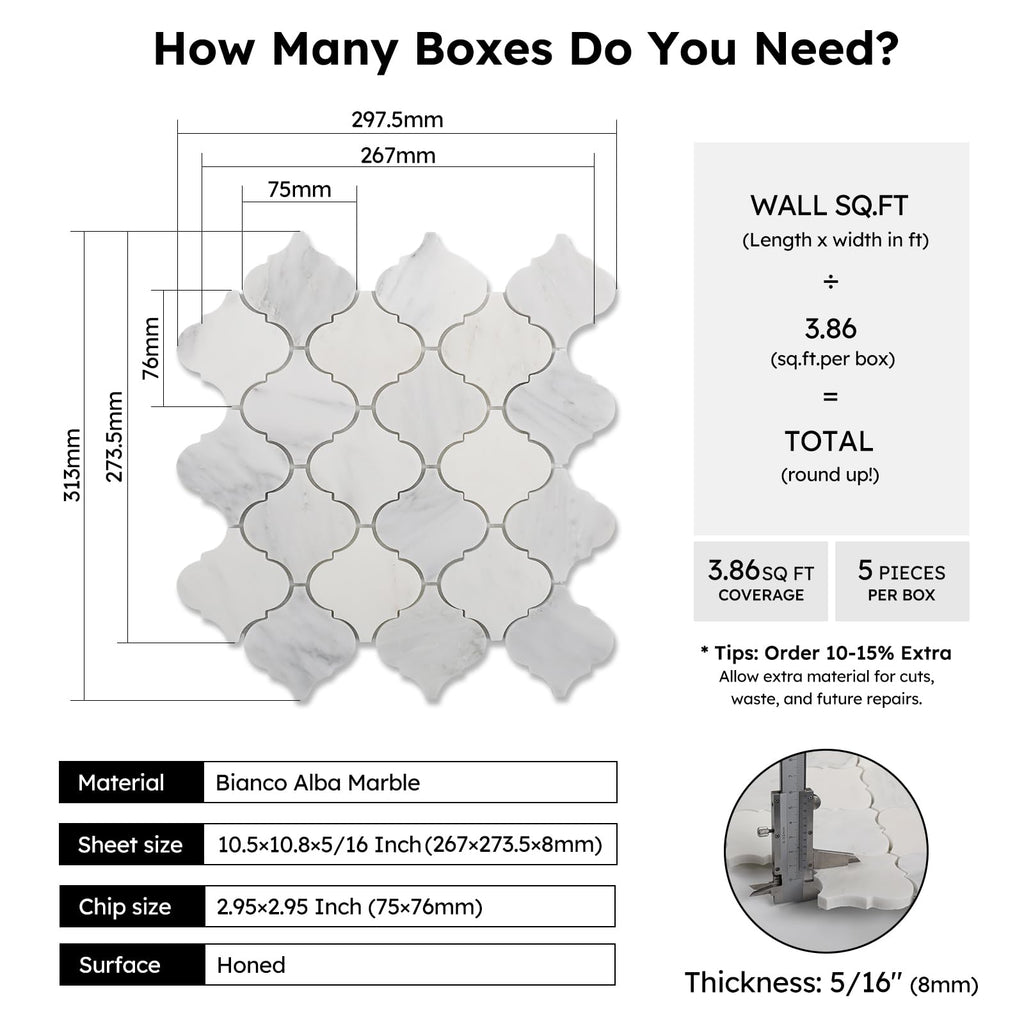 Natural Marble Mosaic Tile Honed, 3 Inch Arabesque, 5 Sheets
