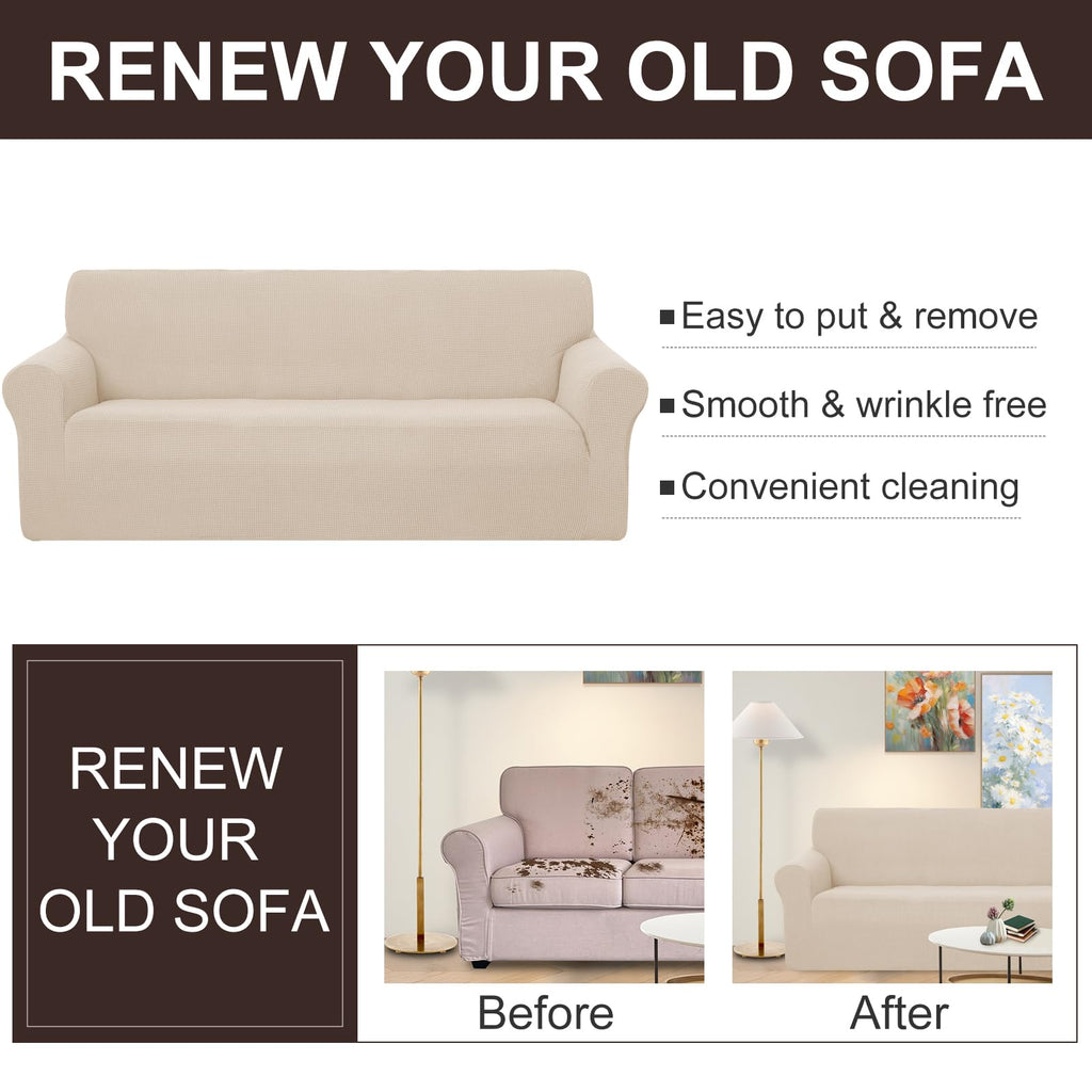 4 Seater Stretch Couch Cover for 3 Cushion Sofa, Beige