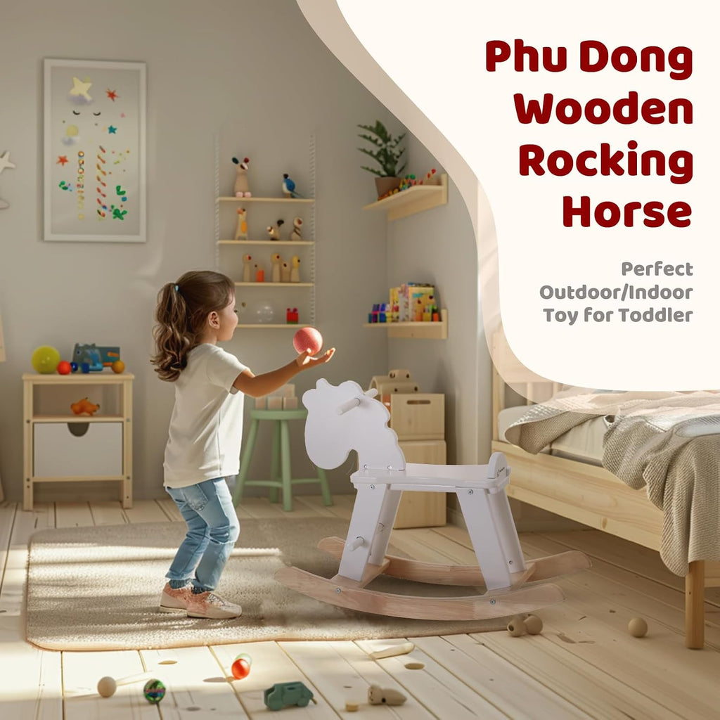 White Wooden Rocking Horse for Preschool (Ages 3-6) - Solid Rubber Wood, Safe & Comfortable Footrest, Supports