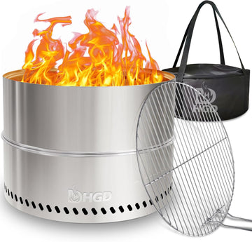 20 Inch Smokeless Firepit with Grill, Portable Wood Burning Fire Pit for Camping & Backyard
