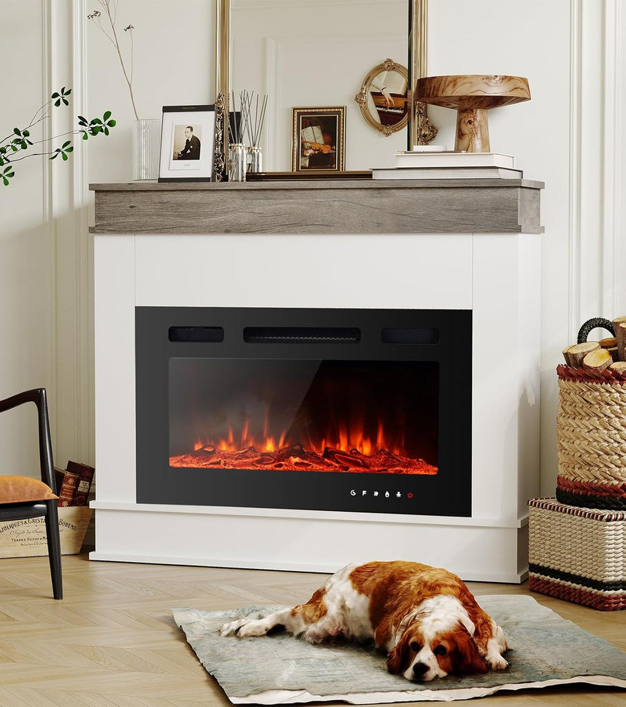 30 Inch Electric Fireplace Insert with Mantel, Freestanding Space Heater with Log Set and Crystal Stones, 750W/1500W, Adjustable LED Flame Colors, White