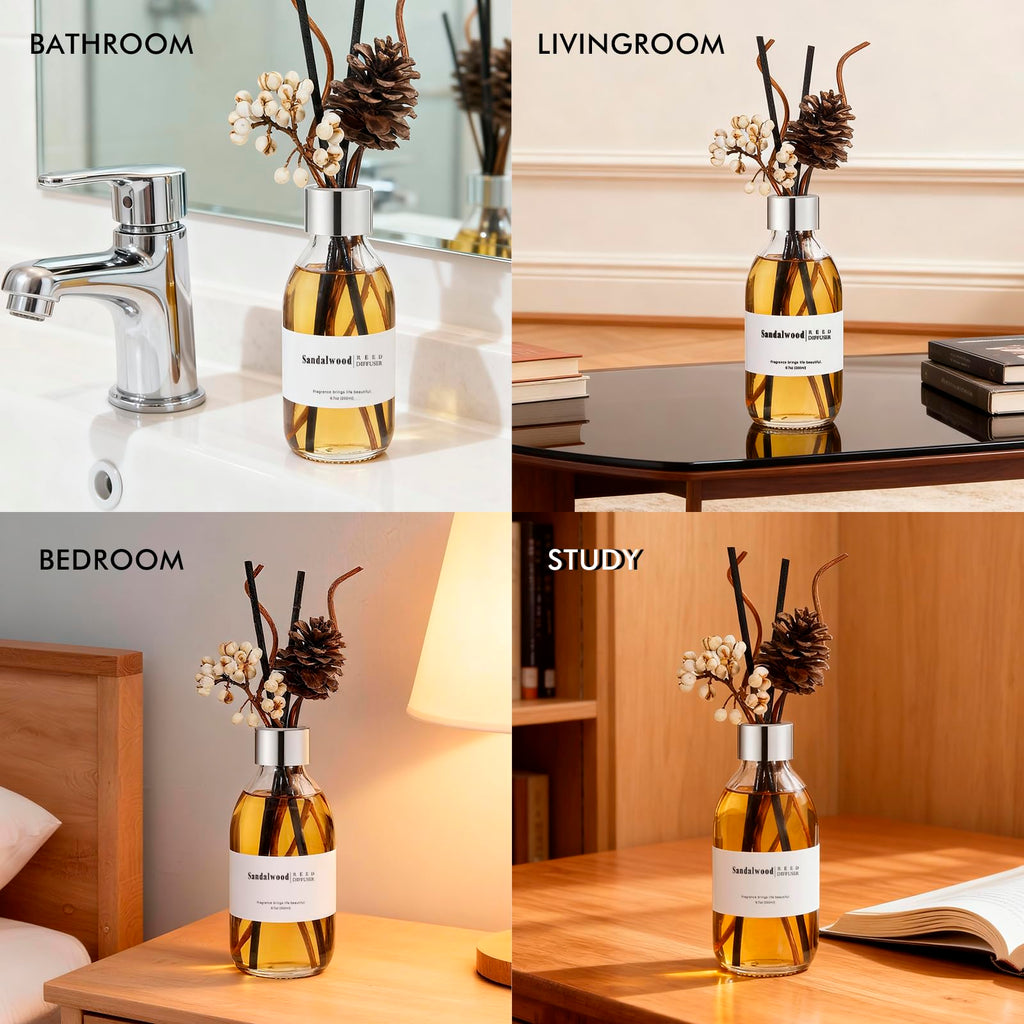 Reed Diffuser Set, 6.7 oz Sandalwood Scented Diffuser with Sticks, Home Fragrance Reed Diffuser Shelf Decor
