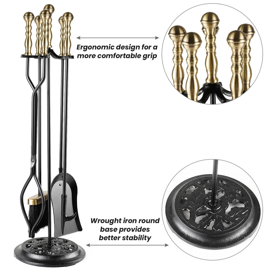 5 Pieces Fireplace Tools Sets Wrought Iron Firewood Kit with Handle Durable Tool Set and Holder for Fire Pit Stand