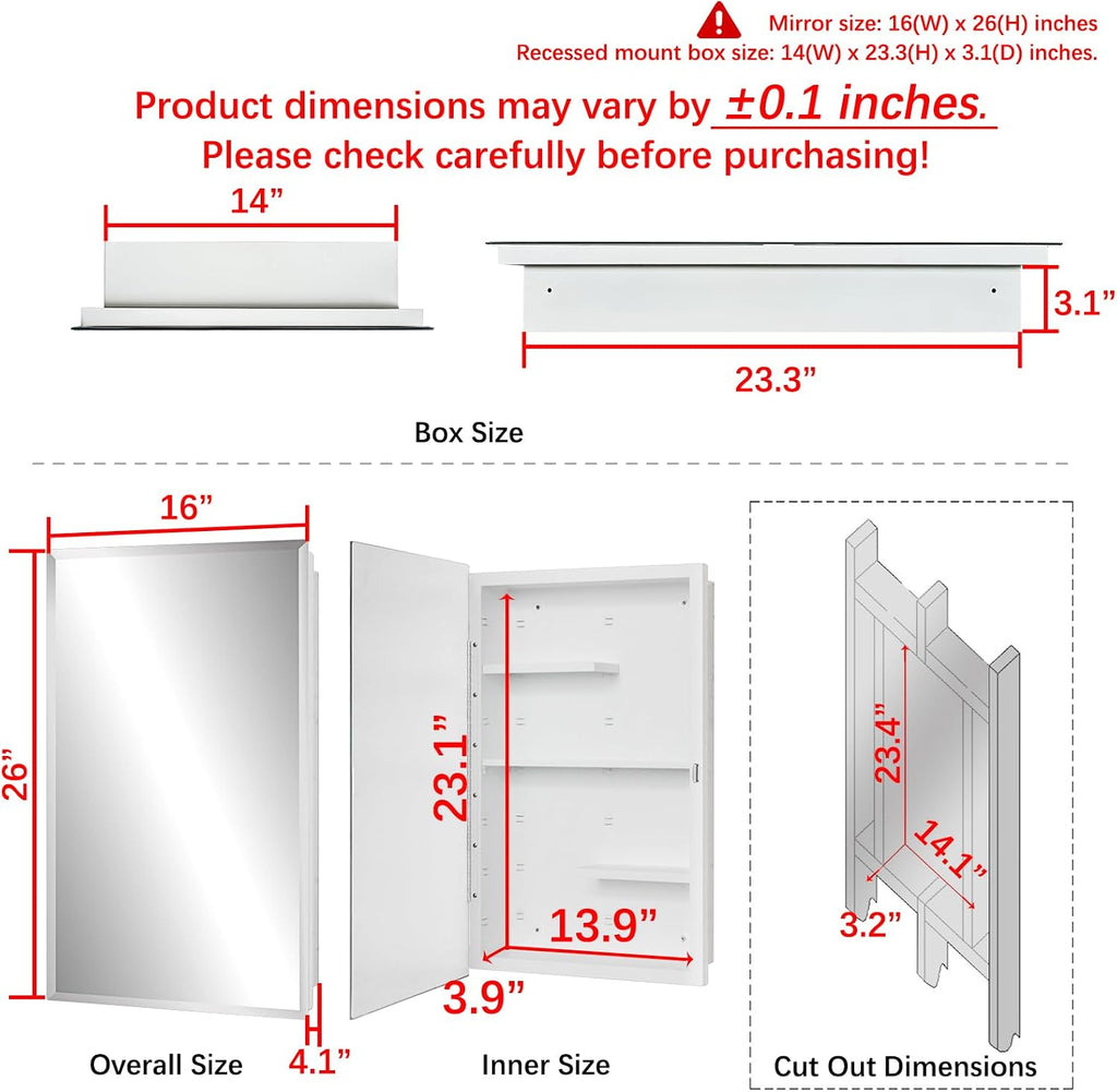 White 16x26 Medicine Cabinet, Beveled Mirror & Adjustable Staggered Shelves | Recessed or Surface Mount Bathroom