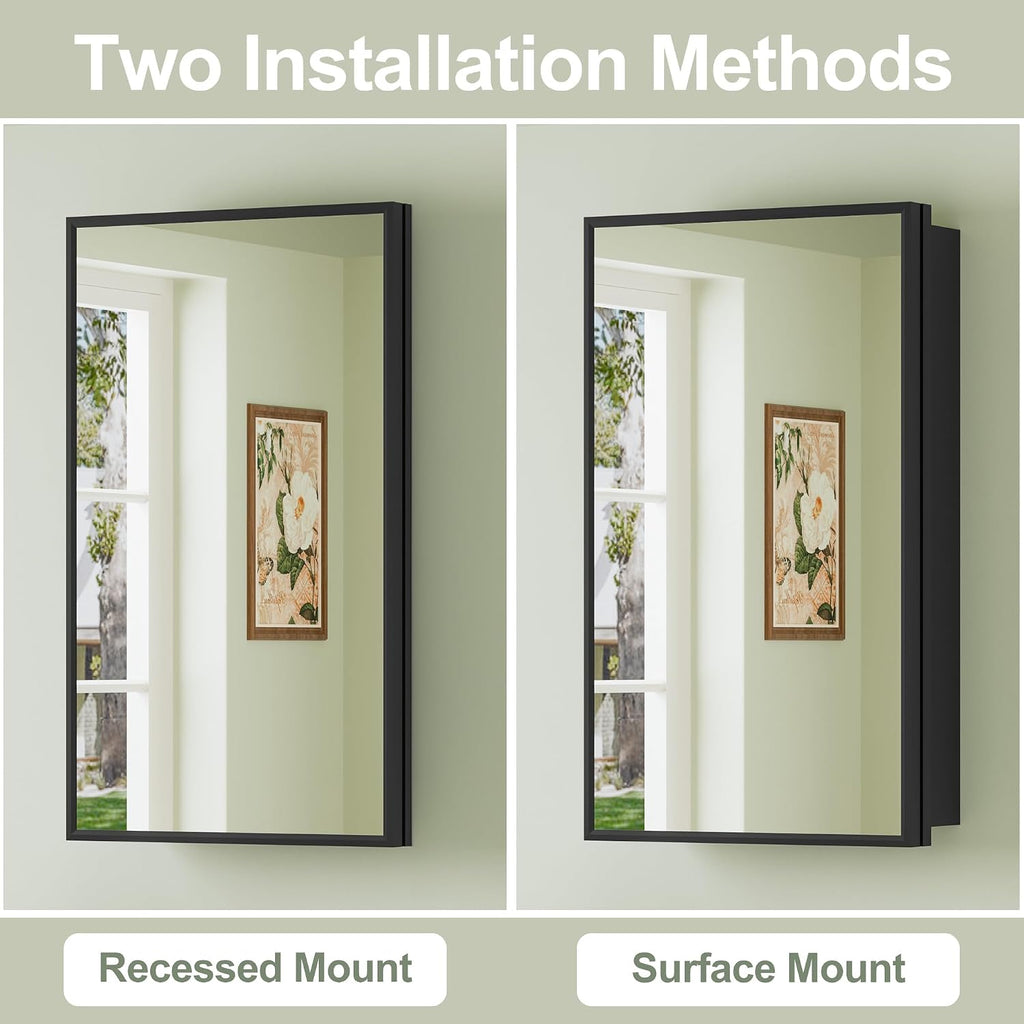 14 x 24 Inch Framed Medicine Cabinet Mirror , Black | Recessed or Wall Mount, Fits 13-3/8 x 22-13/16 Inch Rough