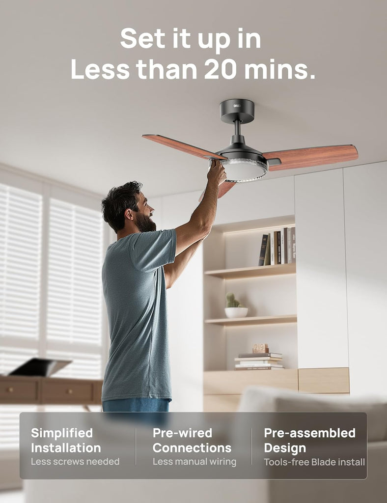 Smart Ceiling Fans with Lights, 42 Inch Black Ceiling Fan, 12 Speeds & 3 Fan Modes, Stepless Color Tones