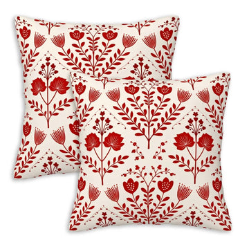 Nordic Folk Floral Throw Pillow Covers 18x18 Set of 2 | Red Scandinavian Decorative Cushion Covers | Pillowcases for