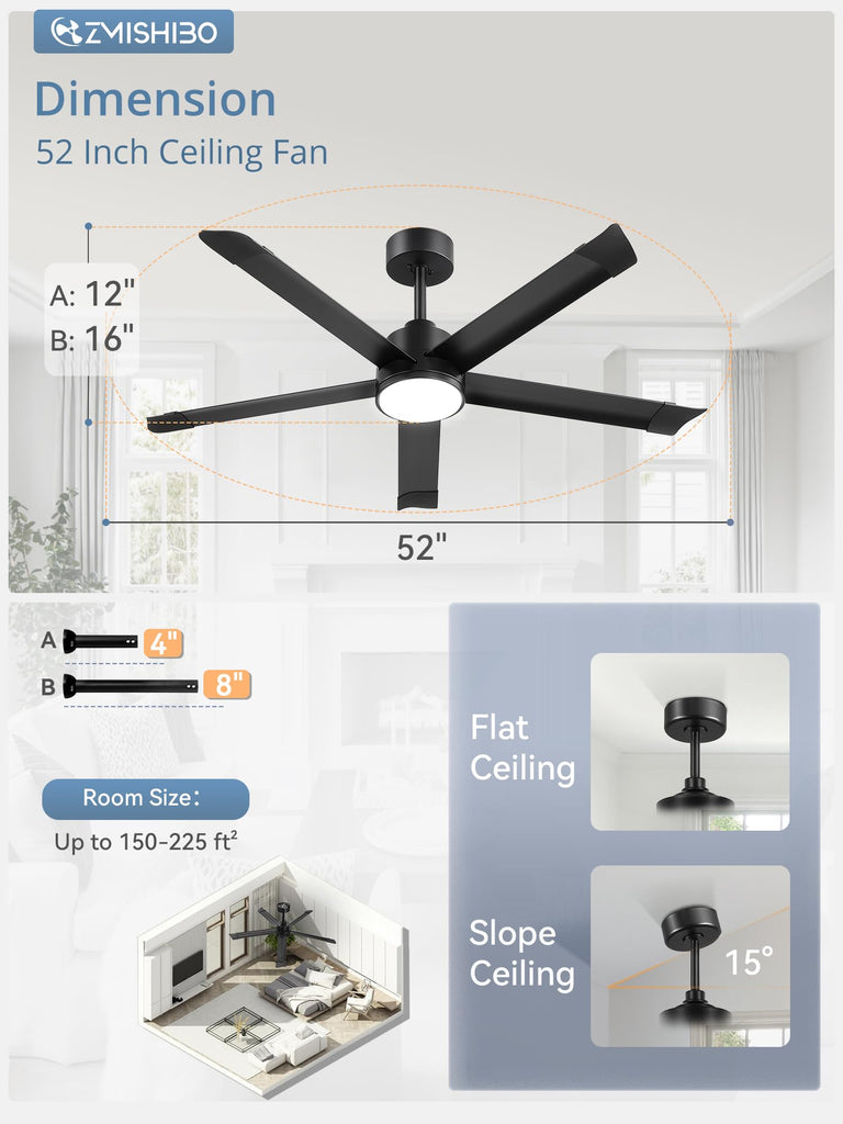 52 Inch Ceiling Fans with Lights, Bend-Resistant Aluminum Blades