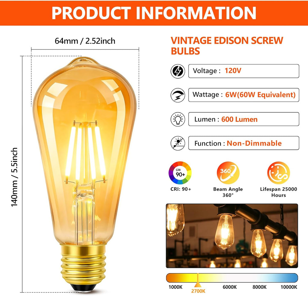 Vintage LED Edison Bulbs 60W Equivalent, Amber Warm 2200K, 2 Pack
