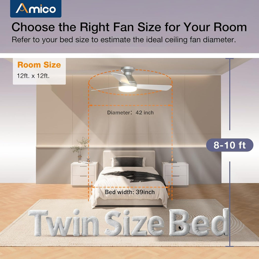 Ceiling Fans with Lights, 42 inch Low Profile Ceiling Fan with Light and Remote Control, Flush Mount, Reversible, 3CCT, Dimmable, Noiseless, Silver Ceiling Fan for Bedroom, Indoor/Outdoor Use A102-B0D87FTJGZ