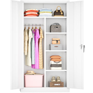 Metal Wardrobe Cabinet with Locking Doors, 72"H White Metal Wardrobe Closet with Hanging Rods and Adjustable Shelves
