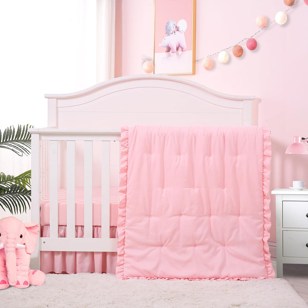 3 Pieces Crib Bedding Set for Girls,Pink Solid Ruffle