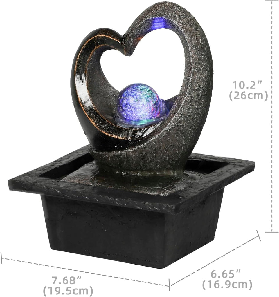 Tabletop Water Fountain, Zen Meditation Indoor Waterfall Fountain, Heart Shape Decoration with LED Light Bedroom