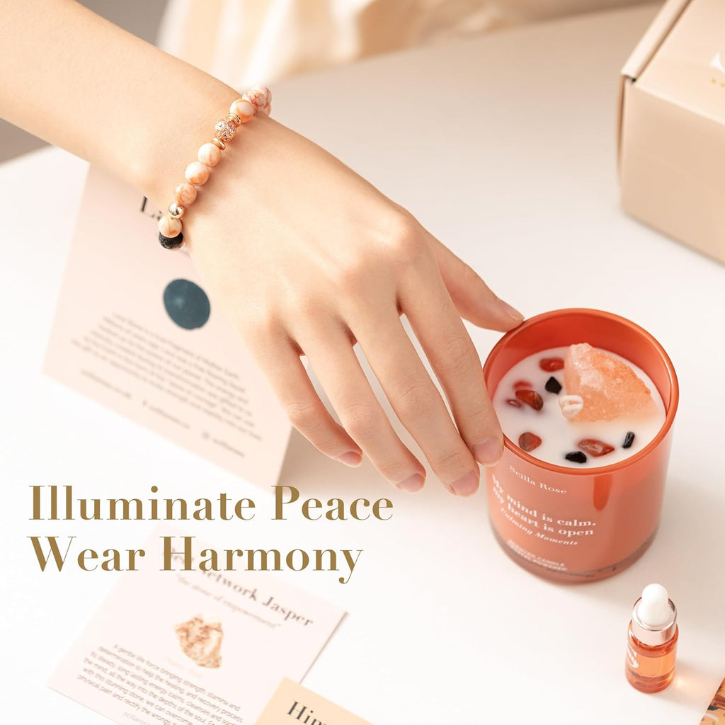 For Mom - Aromatherapy Bracelet & Crystal Candle Set, Luxury Relaxation Pamper Gift Box from Daughter, Son or Husband - Set of 3