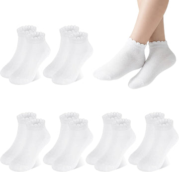 6 Pairs Girls Socks Ruffled White Cotton Ankle Socks