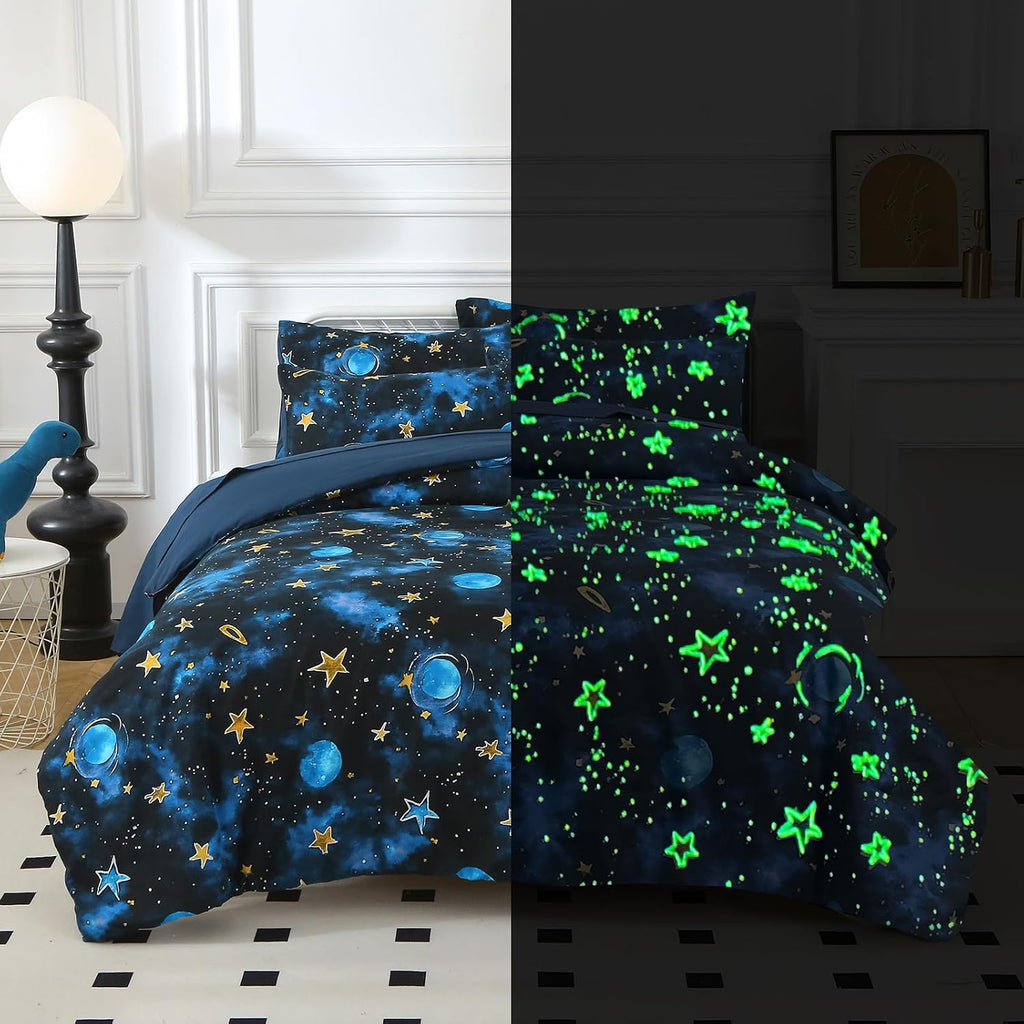 Glow in The Dark Kids Comforter Set, 4 Pieces Blue Space Bedding Set Full for Boys Girls Teen, 1 Comforter, 1