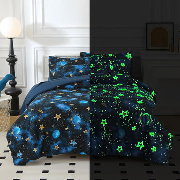 Glow in The Dark Kids Comforter Set, 4 Pieces Blue Space Bedding Set Full for Boys Girls Teen, 1 Comforter, 1