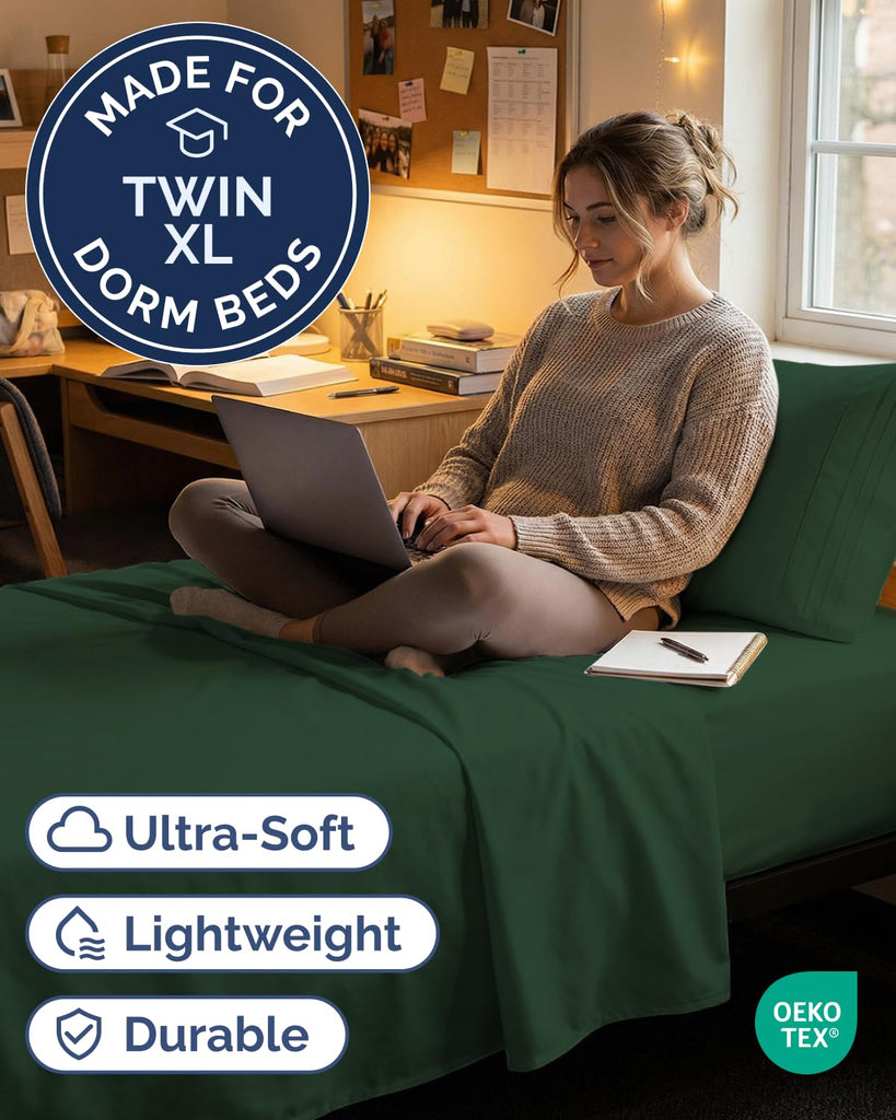 Twin XL Size 3 Piece Sheet Set - Comfy Breathable & Cooling - Emerald Green