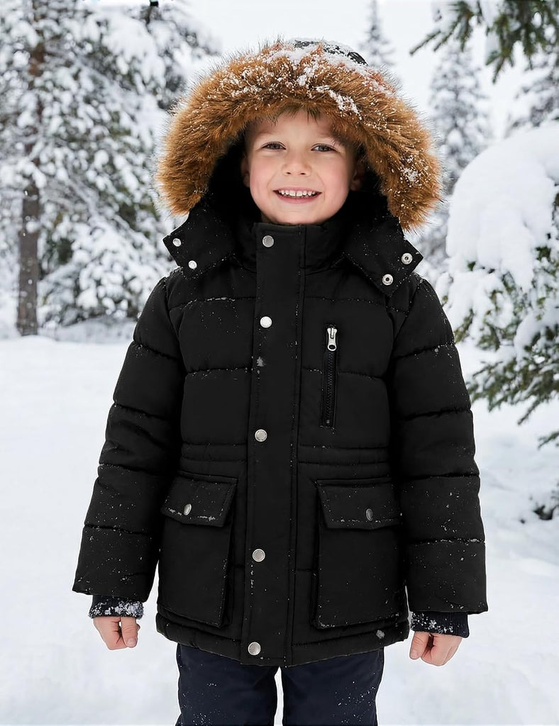 Boys' Winter Puffer Jacket Warm Thickened Fleece Lined Kids Parka Coat with Faux Fur Hood