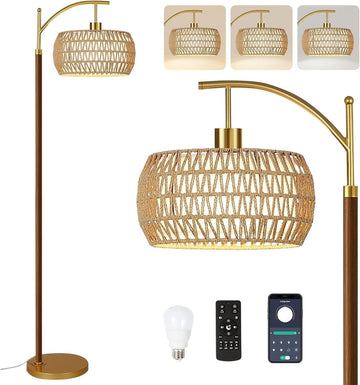 Wood Floor Lamps Arc Boho Floor Lamp with Remote Control & 3 Color Temperatures, Vintage Wicker Rattan Standing Lamp