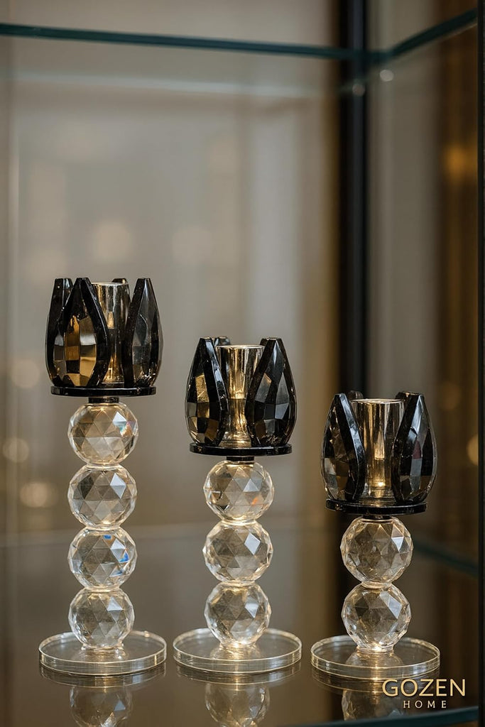 3-Piece Quality Crystal Sparkle Candlestick Set | Black Glass Holders with Amber Tops | Refined Tall Design for