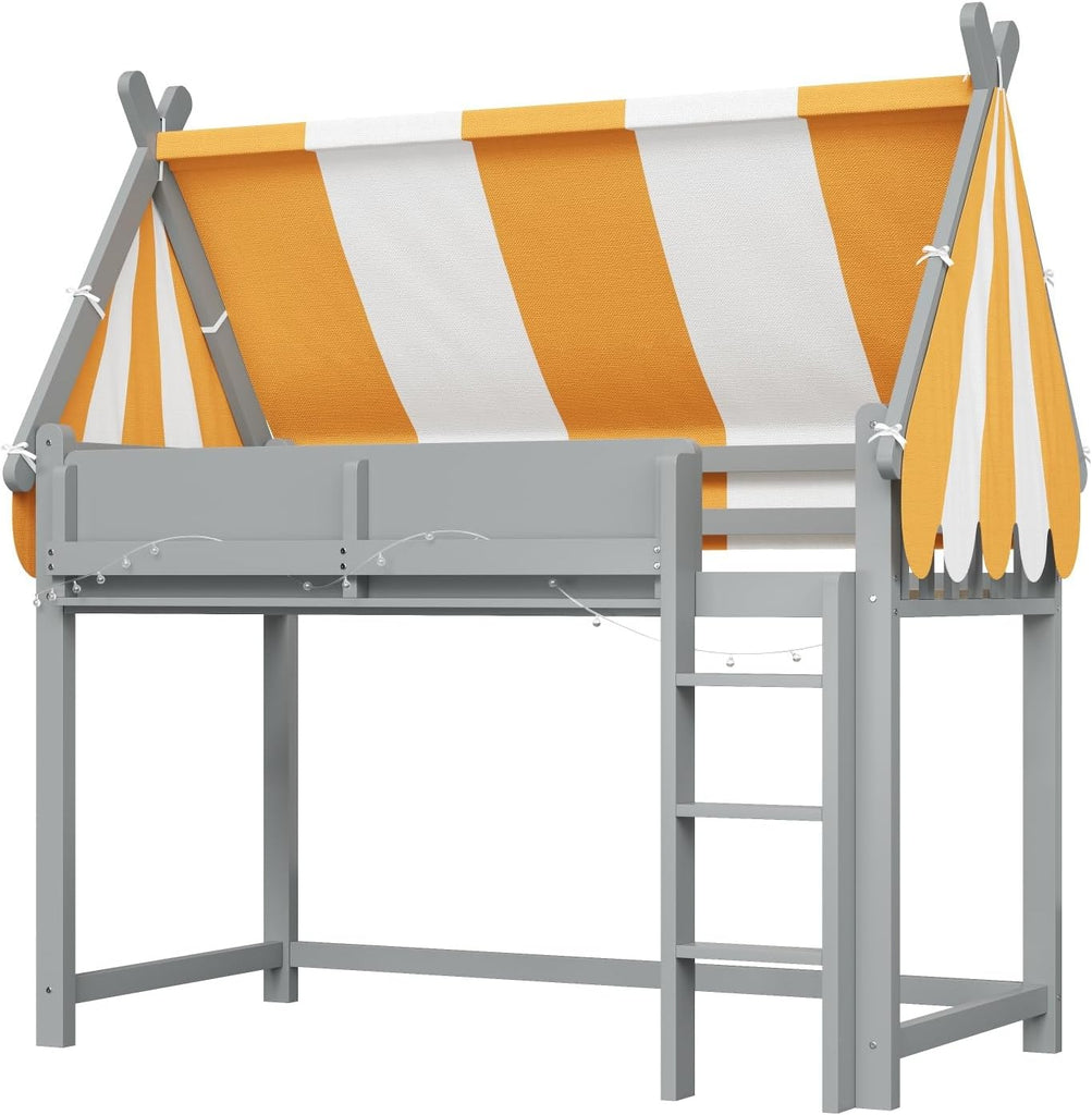 Full Size Wood House Bed Canopy Playhouse Loft Bed Frame with Storage Shelves House Loft Bed with LED Lights for Kids