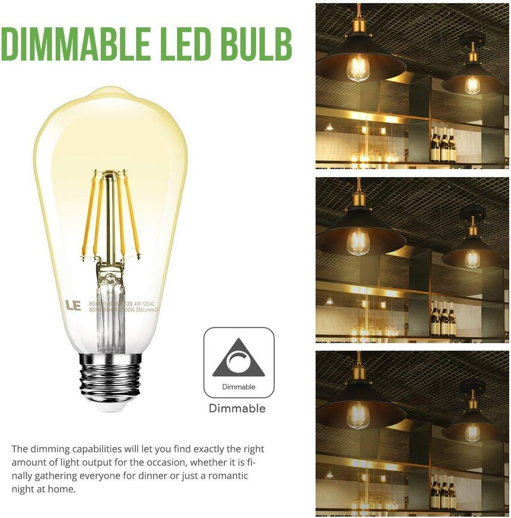 LE ST64 E26 Vintage Edison LED Bulbs, Dimmable, 4W 350 lm, 40W Incandescent Equivalent, Wide Beam Angle, Pack of 6
