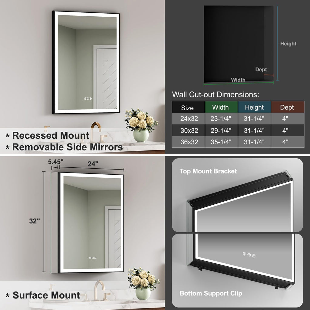 24x32 Medicine Cabinet with Mirror & LED Lights, Black Frame, Anti-Fog, 3-Color Dimmable, Aluminum