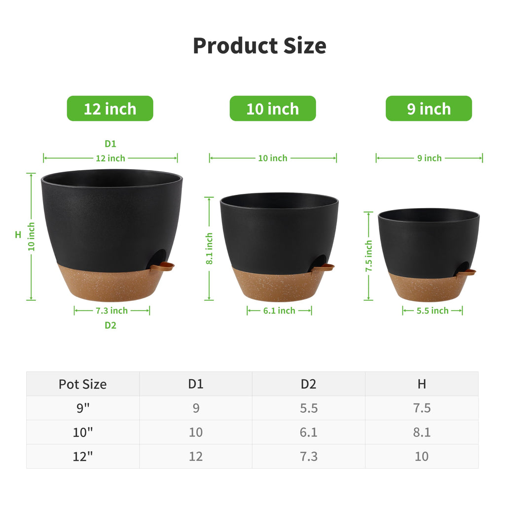 3-Pack Large Planter Pots, 12 10 9 Inch Self Watering Flower Pots for Indoor Outdoor Garden Plants, Black with Brown