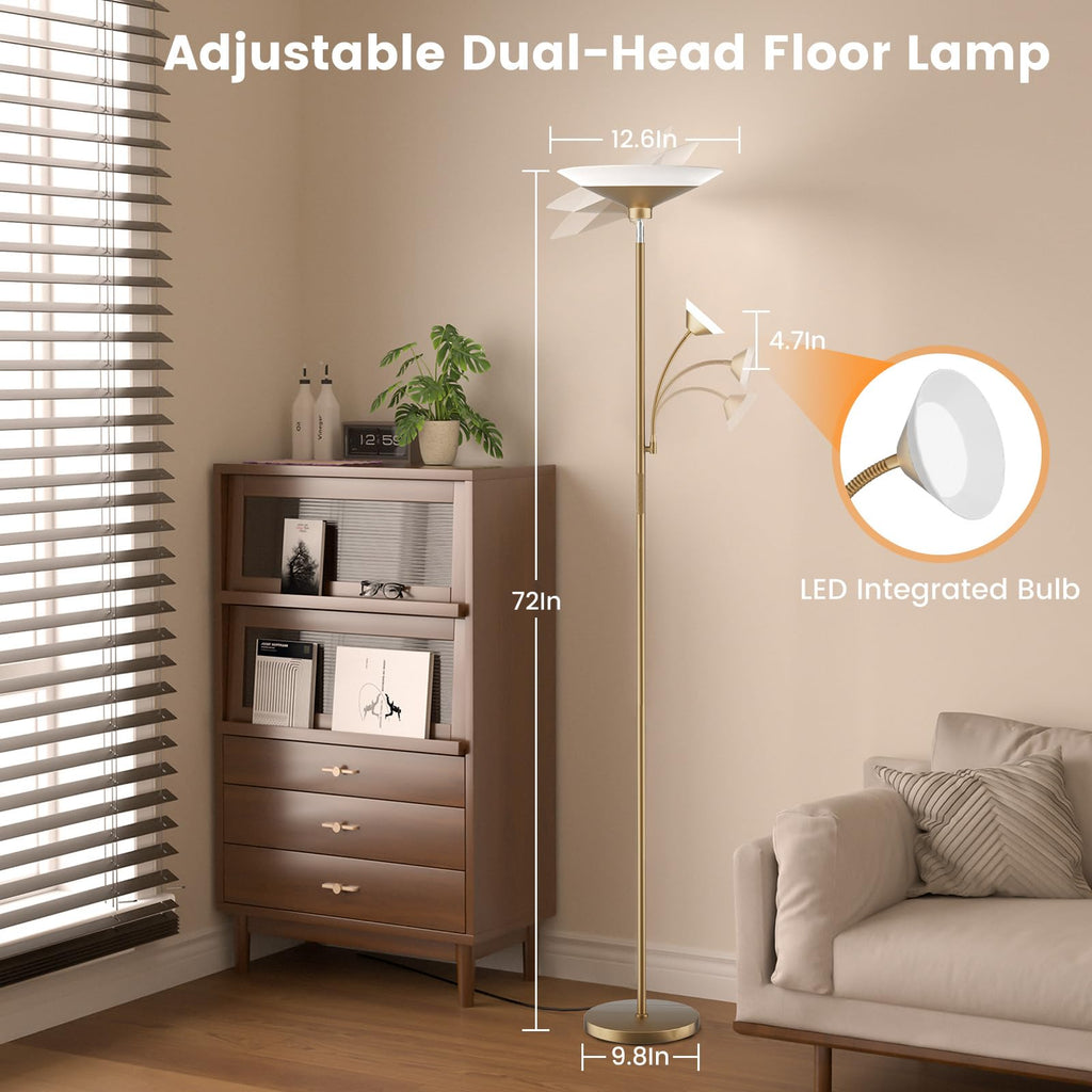 Gold Torchiere Floor Lamp - 2 Way LED Standing Lamp with Reading Light, Dimmable 72'' Tall Lamp with Remote Color