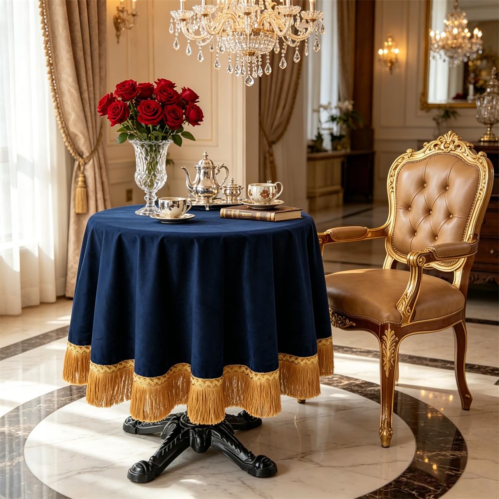 70 Inch Round Velvet Tablecloth, Navy Blue Decorative Table Cover with Gold Tassel Trim, Heavy Soft Plush Fabric