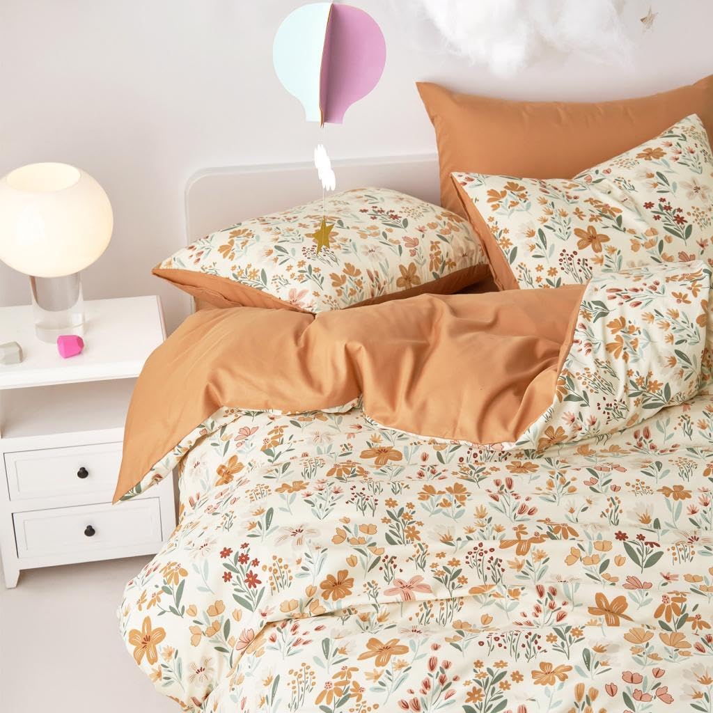 Floral Bedding Set for Girls, Cute Colorful Botanical Flowers Patterned Soft Lightweight Comforter Set with Sheets, 7