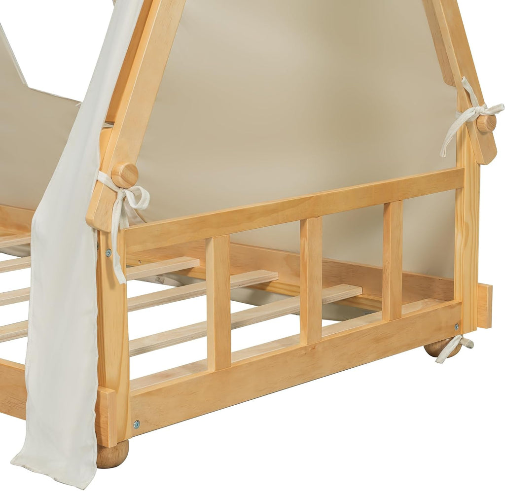Twin Size Low Profile Wooden House Bed with Removable Tent and Light, Playhouse Floor Platform Bed Frame with Support