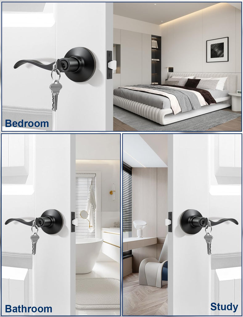 4 Pack Keyed Entry Door Lever Lock for Exterior Door Handleset, Entrance Door Handles Lockset in Black Each with 3
