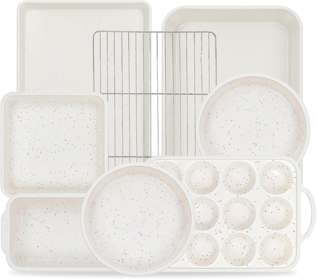 8-Piece Pans Set Nonstick, Bakeware Set includes Silicone Muffin, Loaf, Cake Pans with Metal Reinforced Frame, and