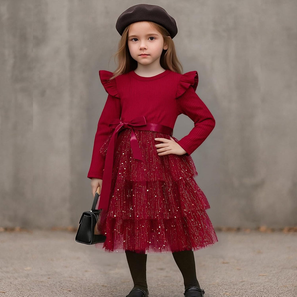 Toddler Dress Girls Ruffle Long Sleeve Layered Tulle Dress Fall Spring Fashion Party Dresses