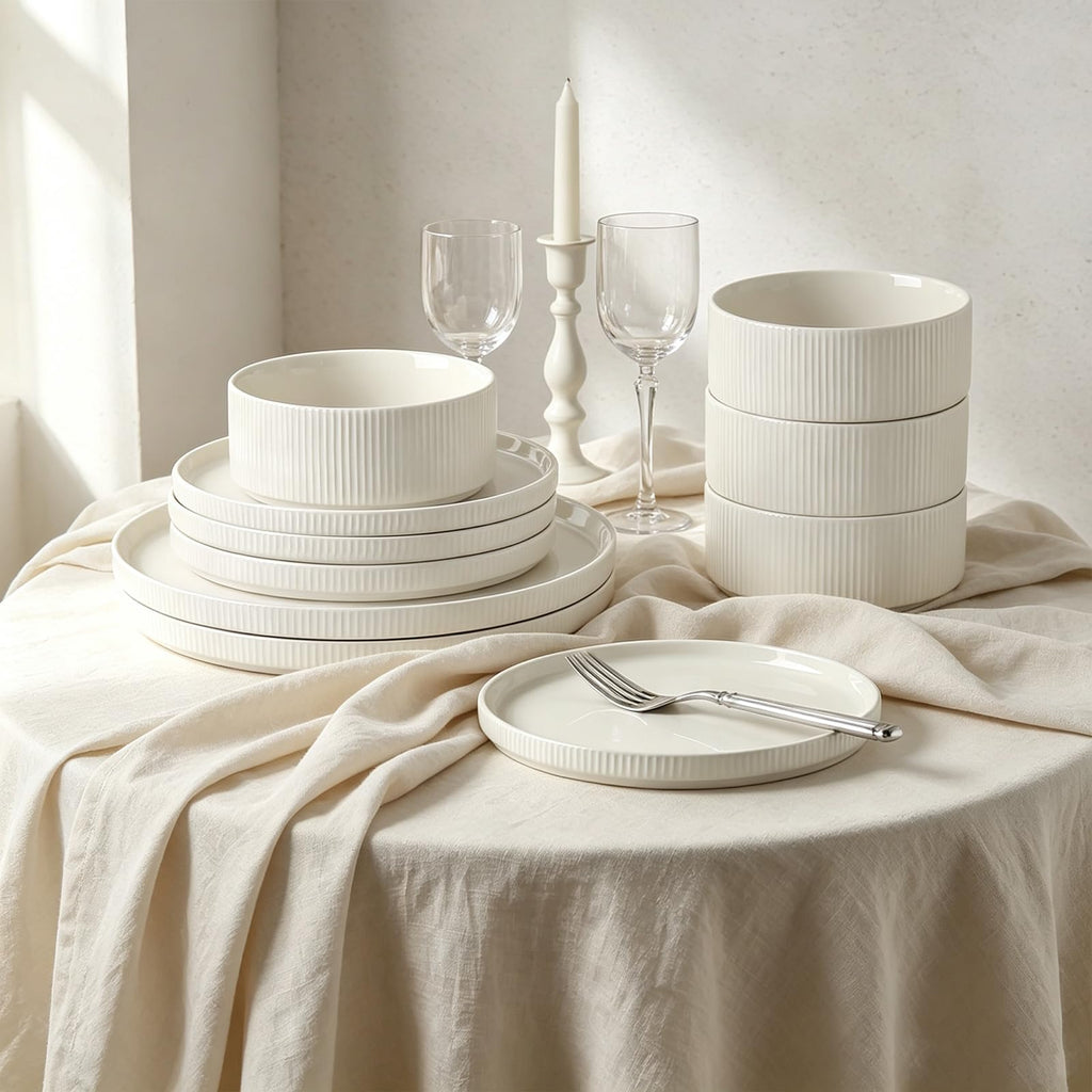 Stoneware Dinnerware Sets for 4, 12Pcs Plates and Bowls Set, Cream White