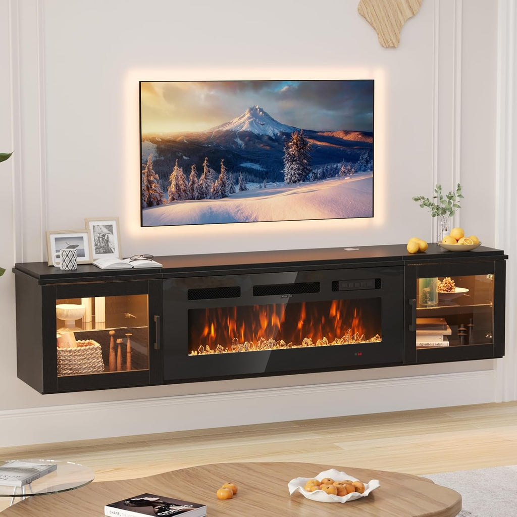 70 Inch Floating Fireplace TV Stand with 36 Inch Electric Fireplace, Wall Mounted Entertainment Center with Storage for TVs up to 80 Inches, Black