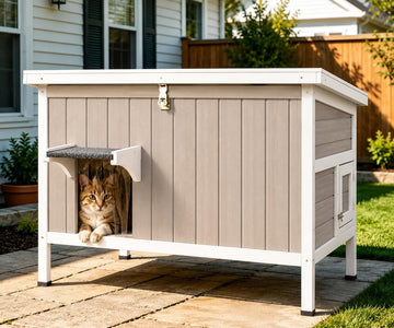 Outdoor Elevated Cat House for 1-2, Weatherproof Wooden Cat Shelter with PVC Ventilated Curtain, Dual Escape Doors