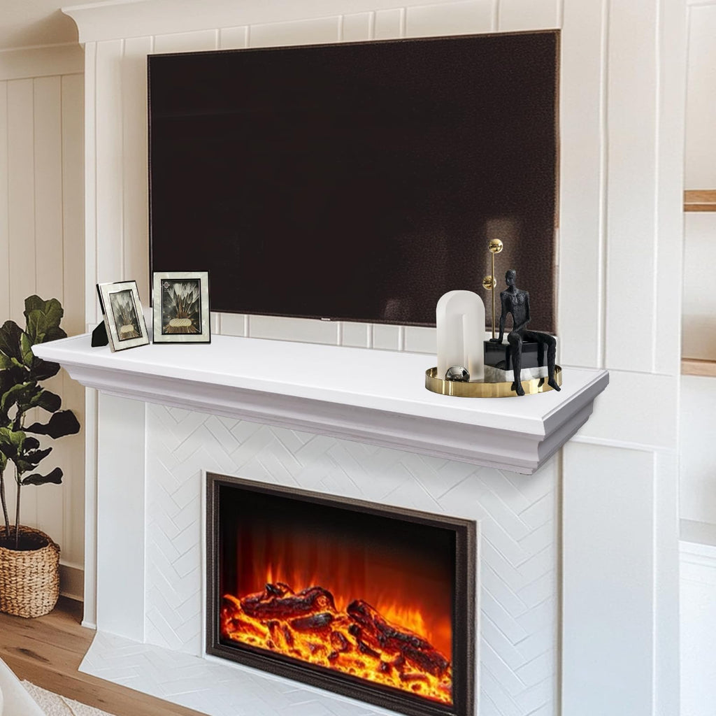 Rustic Fireplace Mantel 60", Solid Wood Floating Shelf, White
